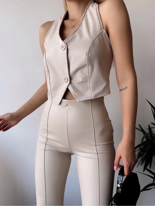 İki düğmeli deri yelek krem s243001 İki düğmeli deri yelek krem s243001