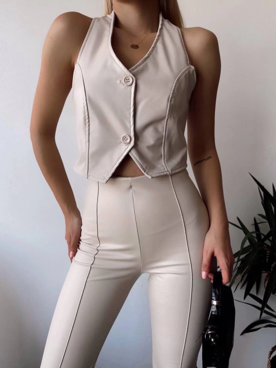 İki düğmeli deri yelek krem s243001 İki düğmeli deri yelek krem s243001