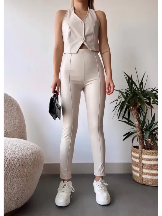 İki Düğmeli Deri Yelek Krem S243001