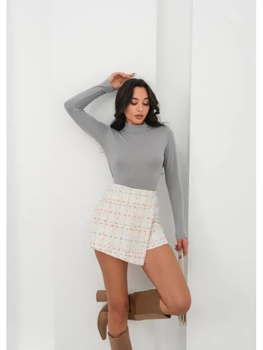 İki Düğmeli Kaz Ayağı Desen Ch Kumaş Şort Etek Beyazturuncu H26414