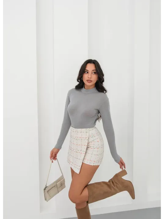 İki Düğmeli Kaz Ayağı Desen Ch Kumaş Şort Etek Beyazturuncu H26414