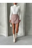 İki Düğmeli Kaz Ayağı Desen Ch Kumaş Şort Etek Bordobeyaz H26414