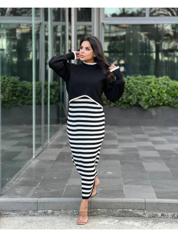 İkili triko elbise takım siyah beyaz
