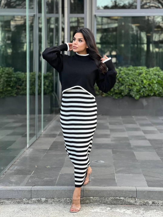 İkili triko elbise takım siyah beyaz