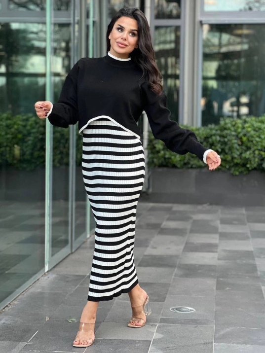 İkili triko elbise takım siyah beyaz