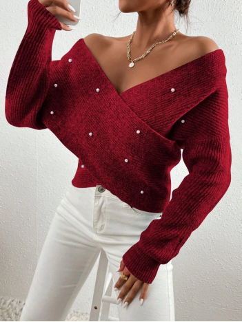 İncili çapraz kazak bordo İncili çapraz kazak bordo