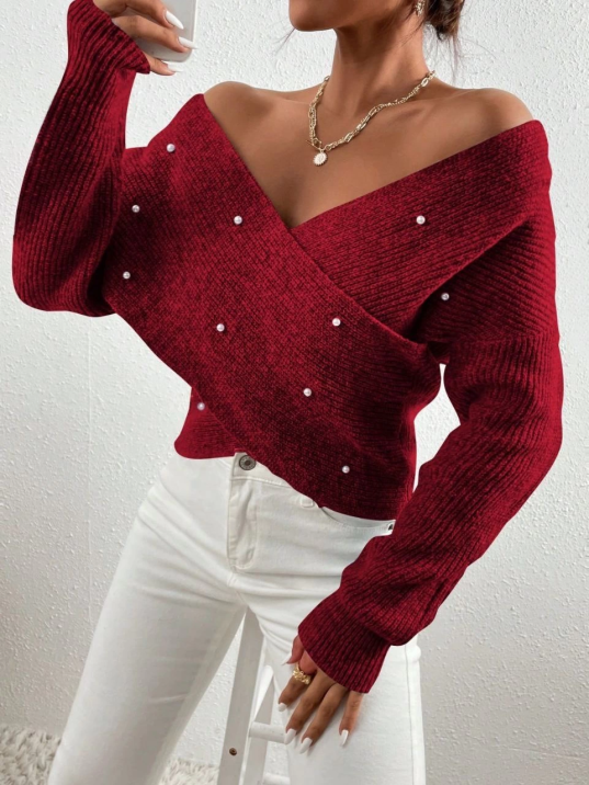 İncili çapraz kazak bordo İncili çapraz kazak bordo