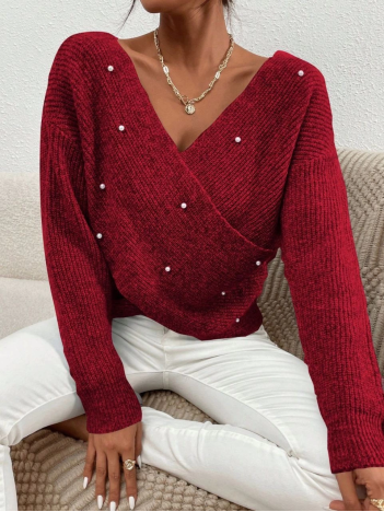 İncili çapraz kazak bordo İncili çapraz kazak bordo