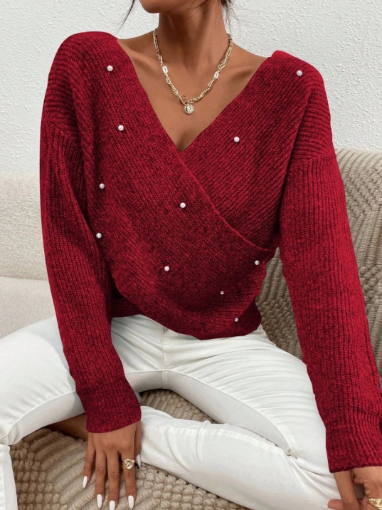 İncili çapraz kazak bordo İncili çapraz kazak bordo