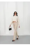 İspanyol Yırtmaçlı Paça Deri Pantolon Bej Hn