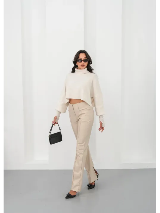 İspanyol Yırtmaçlı Paça Deri Pantolon Bej Hn