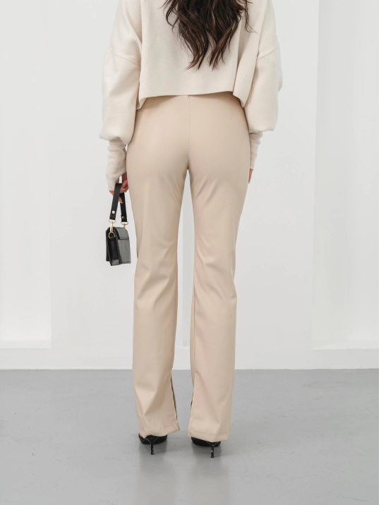 İspanyol Yırtmaçlı Paça Deri Pantolon Bej Hn İspanyol Yırtmaçlı Paça Deri Pantolon Bej Hn