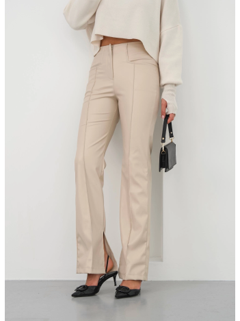 İspanyol Yırtmaçlı Paça Deri Pantolon Bej Hn