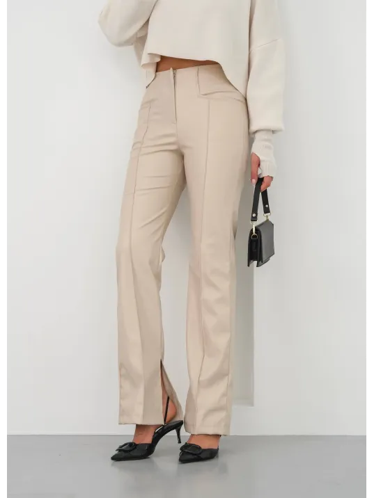 İspanyol Yırtmaçlı Paça Deri Pantolon Bej Hn