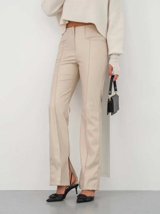 İspanyol Yırtmaçlı Paça Deri Pantolon Bej Hn İspanyol Yırtmaçlı Paça Deri Pantolon Bej Hn