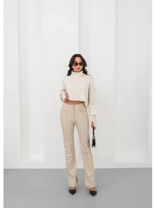 İspanyol Yırtmaçlı Paça Deri Pantolon Bej Hn