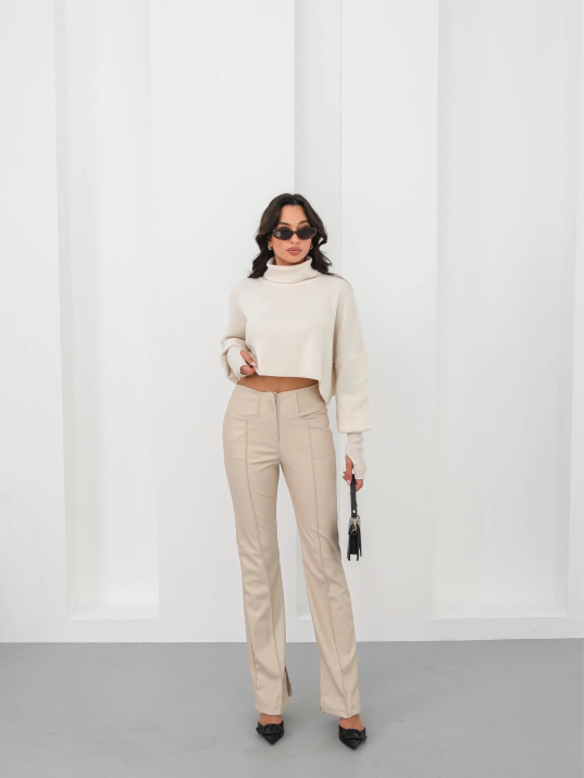 İspanyol Yırtmaçlı Paça Deri Pantolon Bej Hn İspanyol Yırtmaçlı Paça Deri Pantolon Bej Hn