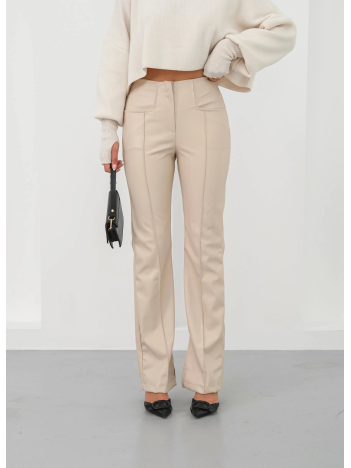 İspanyol Yırtmaçlı Paça Deri Pantolon Bej Hn