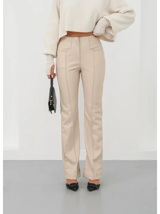 İspanyol Yırtmaçlı Paça Deri Pantolon Bej Hn