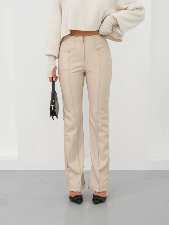 İspanyol Yırtmaçlı Paça Deri Pantolon Bej Hn İspanyol Yırtmaçlı Paça Deri Pantolon Bej Hn