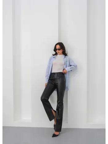 İspanyol Yırtmaçlı Paça Deri Pantolon Siyah Hn