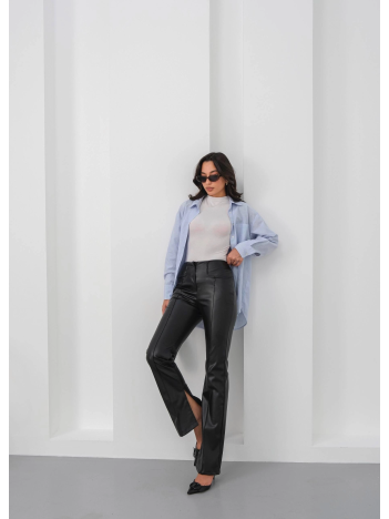 İspanyol Yırtmaçlı Paça Deri Pantolon Siyah Hn