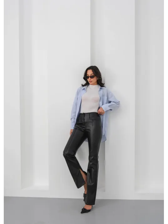 İspanyol Yırtmaçlı Paça Deri Pantolon Siyah Hn