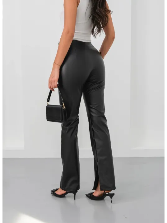 İspanyol Yırtmaçlı Paça Deri Pantolon Siyah Hn