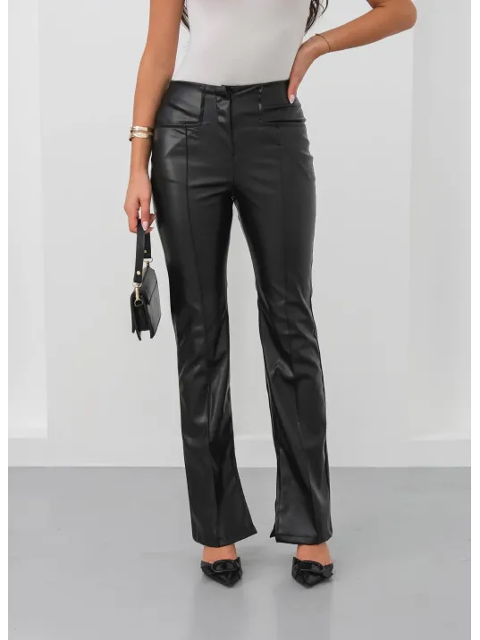 İspanyol Yırtmaçlı Paça Deri Pantolon Siyah Hn
