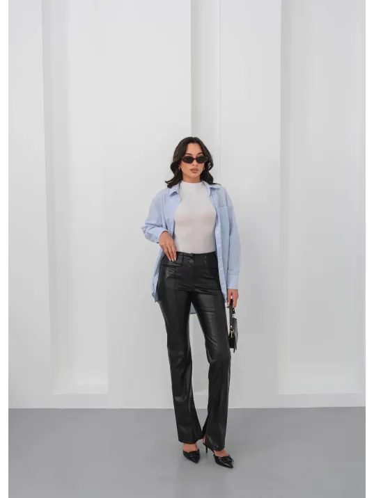 İspanyol Yırtmaçlı Paça Deri Pantolon Siyah Hn