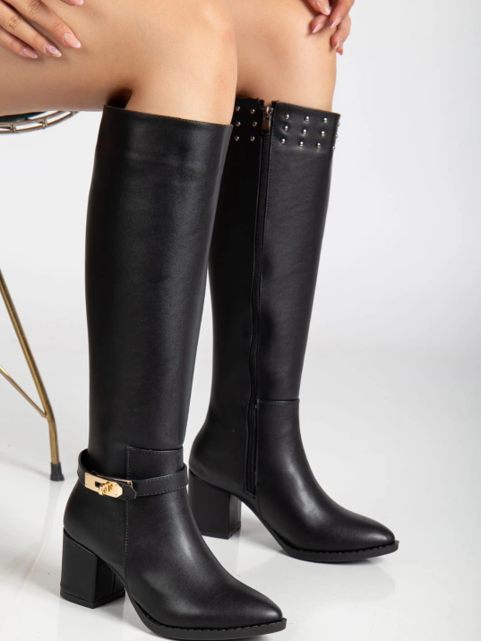 Jeoli Siyah Cilt Topuklu Çizme