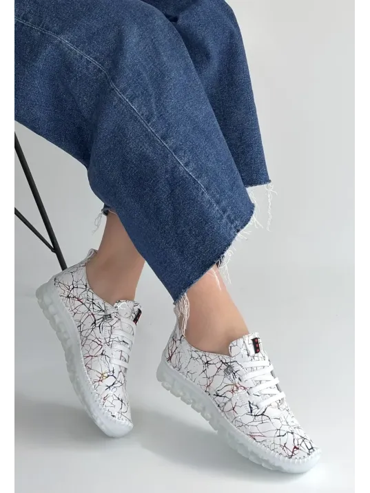 Jiten Beyaz Desenli Deri Bağcıklı Spor Ayakkabı
