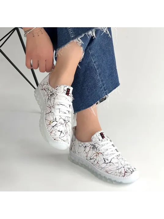 Jiten Beyaz Desenli Deri Bağcıklı Spor Ayakkabı