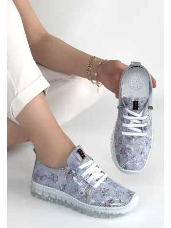 Jiten Lila Desenli Deri Bağcıklı Spor Ayakkabı