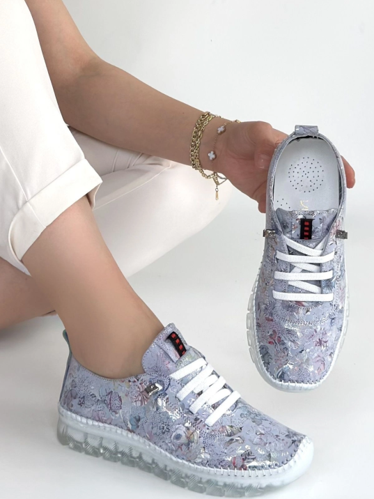 Jiten Lila Desenli Deri Bağcıklı Spor Ayakkabı