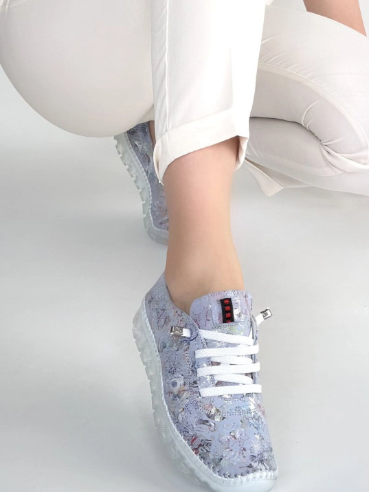 Jiten Lila Desenli Deri Bağcıklı Spor Ayakkabı