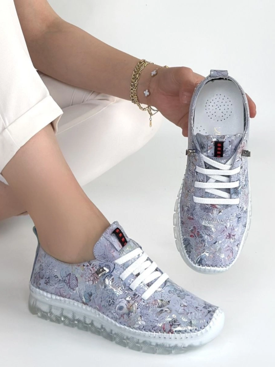 Jiten Lila Desenli Deri Bağcıklı Spor Ayakkabı