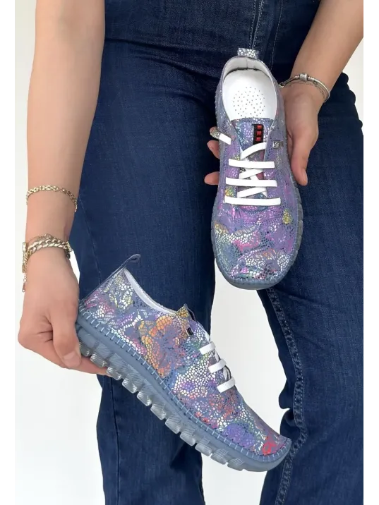 Jiten Mor Desenli Deri Bağcıklı Spor Ayakkabı