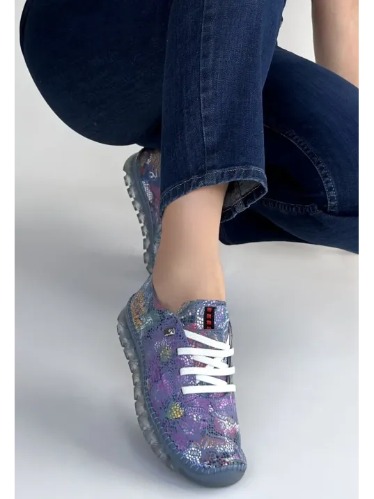 Jiten Mor Desenli Deri Bağcıklı Spor Ayakkabı