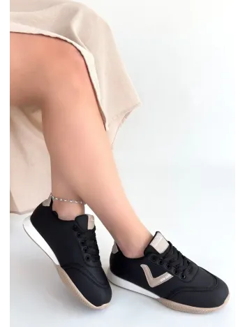 Jowen Siyah Cilt Bej Detaylı Bağcıklı Spor Ayakkabı