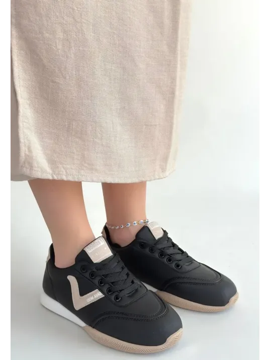 Jowen Siyah Cilt Bej Detaylı Bağcıklı Spor Ayakkabı Jowen Siyah Cilt Bej Detaylı Bağcıklı Spor Ayakkabı