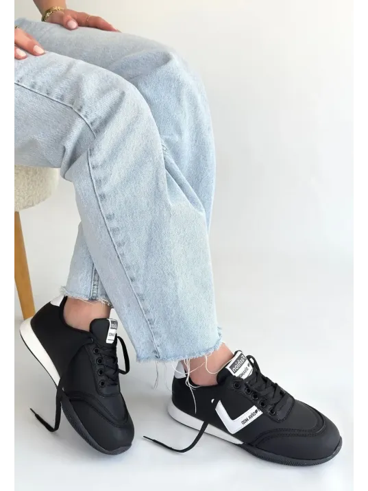 Jowen Siyah Cilt Beyaz Detaylı Bağcıklı Spor Ayakkabı