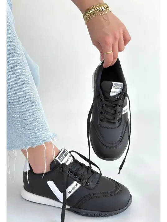 Jowen Siyah Cilt Beyaz Detaylı Bağcıklı Spor Ayakkabı