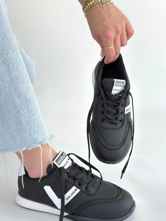 Jowen Siyah Cilt Beyaz Detaylı Bağcıklı Spor Ayakkabı Jowen Siyah Cilt Beyaz Detaylı Bağcıklı Spor Ayakkabı