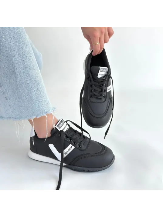 Jowen Siyah Cilt Beyaz Detaylı Bağcıklı Spor Ayakkabı