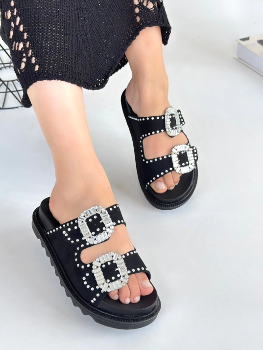 Juana Siyah Nubuk  Taşlı Terlik Juana Siyah Nubuk  Taşlı Terlik