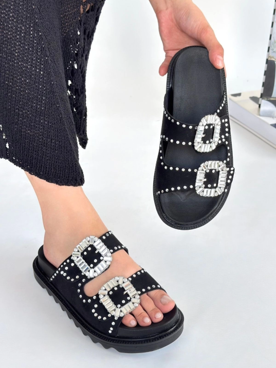 Juana Siyah Nubuk  Taşlı Terlik Juana Siyah Nubuk  Taşlı Terlik