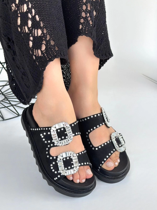 Juana Siyah Nubuk  Taşlı Terlik Juana Siyah Nubuk  Taşlı Terlik