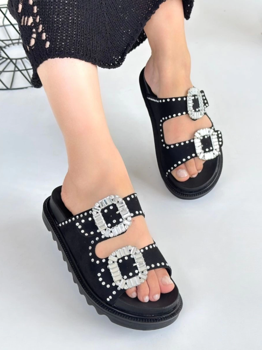 Juana Siyah Nubuk  Taşlı Terlik Juana Siyah Nubuk  Taşlı Terlik