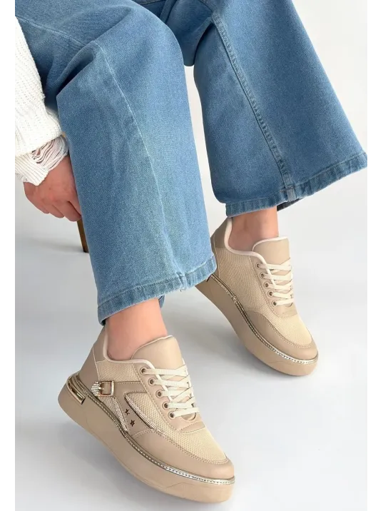Junda Bej Cilt Bağcıklı Spor Ayakkabı